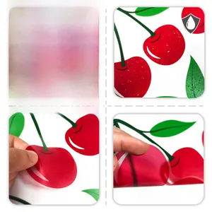 Detailed view of waterproof red cherry wall stickers showing adhesive side and durability