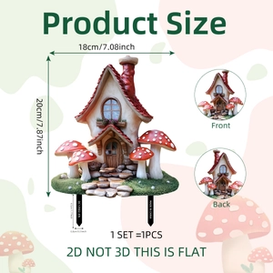 2D Mushroom House garden stake for patio decor with size dimensions in 18x20cm