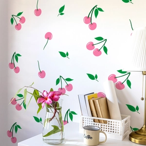 Pink cherry wall decals with green leaves for nursery bedroom and living room decor