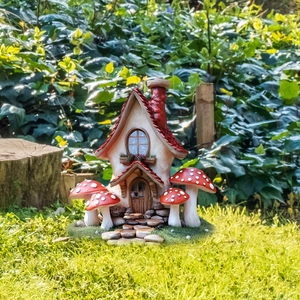 Whimsical red mushroom cottage garden stake ornament for outdoor landscape and potted plants