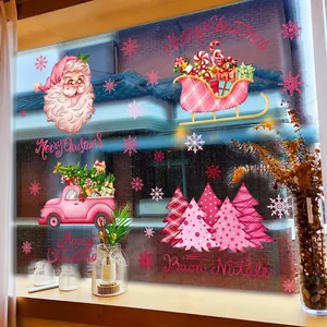 Christmas Window Stickers Pink Santa Sleigh Truck Tree Snowflakes Static Cling Double Sided PVC Holiday Glass Decals Home Decoration