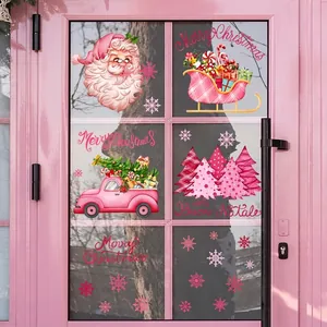 Pink Christmas window stickers set with Santa, sleigh and trees on glass door