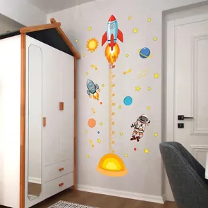 Kids Height Growth Chart Wall Sticker Space Astronaut Rocket PVC Decal Removable Self Adhesive Nursery Decor