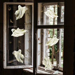 Halloween Fensteraufkleber Geister mit goldenen Fledermäusen für gruselige Fensterdeko