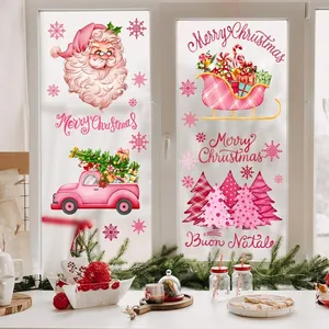 Pink Christmas window static stickers featuring Santa, truck and trees on glass