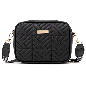 Borsa a tracolla trapuntata nera con ampia tracolla jacquard e fibbia dorata