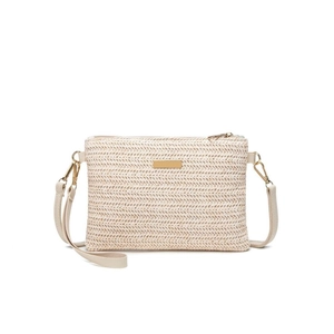 Sac bandoulière minimaliste en paille tissée beige avec détail en métal doré chic