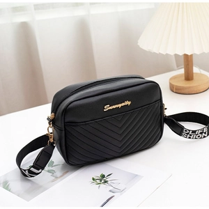 Women PU Leather Crossbody Camera Bag V-Quilted Stitched Small Square Bag With Wide Letter Printed Jacquard Shoulder Strap