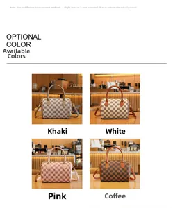 Four colors of checkerboard Boston bags including khaki, white, pink, and coffee brown