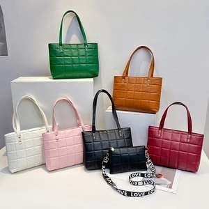 Women Quilted PU Leather Tote Bag And Small Crossbody Bag With Wide Love Strap Grid Handbag Casual Daily Shoulder Bag