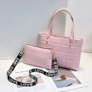 Pink quilted lattice tote bag set with matching crossbody bag and wide LOVE strap