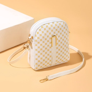 White floral print mini crossbody bag with double zippers and gold hardware for women