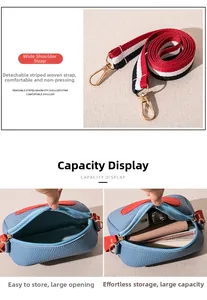 Blue lychee textured crossbody bag with colorful wide strap and capacity display