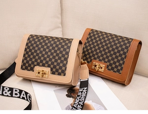 Détail de sacs vintage avec fermoir doré et bandoulières à motifs sur fond neutre chic