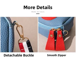 Detail of blue lychee leather bag with tricolor woven strap and gold metal hardware