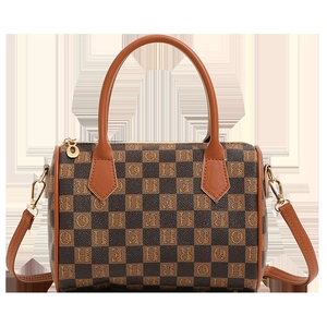 Boston style handbag with checkered pattern and CH letter print on white background