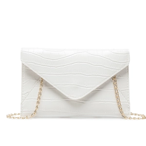 White faux crocodile envelope clutch bag with golden chain strap for women