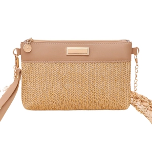 Woven straw and brown leather crossbody bag with gold chain strap and wristlet