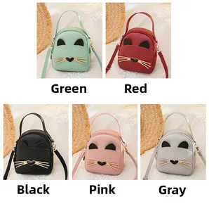 Collage of mini cat-shaped PU leather backpacks in green, red, black, pink, and grey