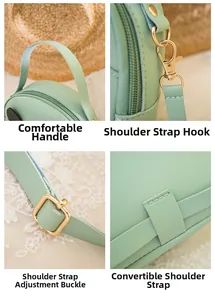 Detail view of mint green PU leather bag featuring golden hardware and adjustable straps