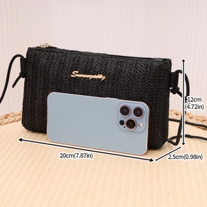 Black straw woven crossbody bag with gold chain and dimensions 20x12x2.5cm