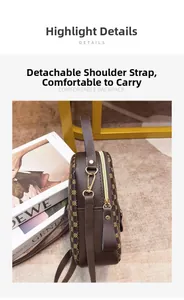 Detailansicht eines bedruckten Rucksacks mit goldenen Beschlägen und abnehmbaren Trägern