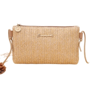Minimalist woven straw crossbody bag with gold chain and nature-themed decorative props