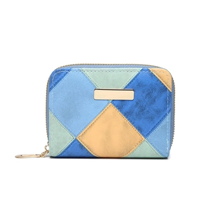 Colorful geometric patchwork coin purse with sequin detail and gold zipper hardware
