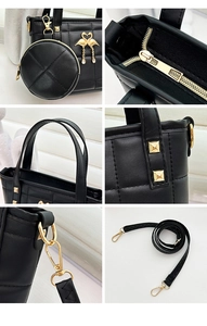 Detail of quilted leather tote bag featuring gold flamingo charm and pyramid rivet handle