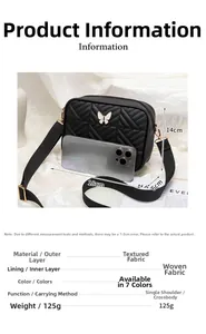 Detailed dimension chart for black quilted crossbody bag showing size 18x14x6cm