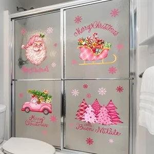 Pink Christmas window clings with Santa, sled, and truck on glass door decoration
