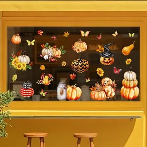 Autocollants statiques Halloween citrouille et chiot pour décoration de fenêtre d'automne