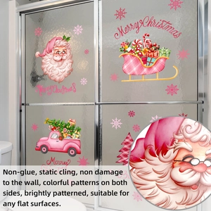Pink Christmas window stickers set with Santa and truck on frosted glass surface