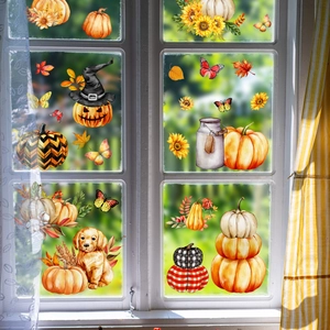 Stickers de fenêtre citrouilles et golden retriever pour décoration d'automne maison