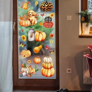 Autocollants Fenêtre Halloween Automne Statique Citrouille Golden Retriever Chiot Tournesol PVC Double Face Déco