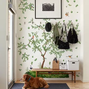 Self-adhesive green tree and birds wall decal set for living room and bedroom decor