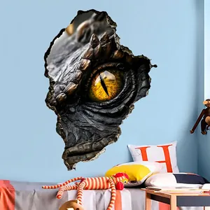 3D dragon eye wall decal peering through a broken wall for creative kids room decor