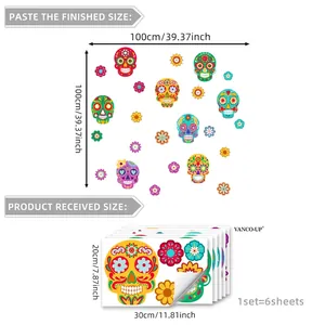Colorful sugar skull floral wall stickers set of 6 for Day of the Dead home decoration