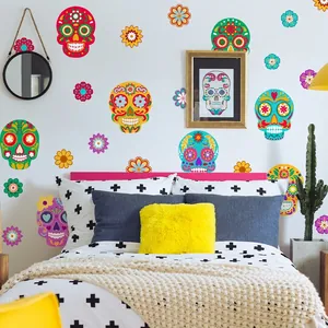 Vibrant Day of the Dead sugar skull and flower wall stickers set for living room decor
