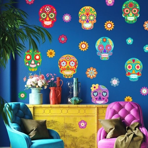 Day Of The Dead Skull Wall Stickers Colorful Flower PVC Waterproof Self Adhesive Halloween Home Bedroom Decoration