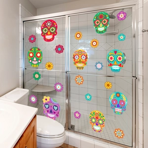 Colorful sugar skull and floral wall decals set for Day of the Dead home decoration