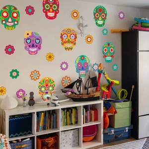 Colorful Mexican Day of the Dead sugar skull wall stickers in a bright children room