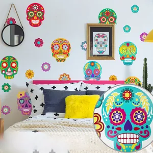 Detail of colorful sugar skull wall decals applied on a bedroom wall without white edges
