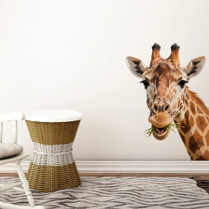 Modern living room wall sticker featuring a realistic hand-painted giraffe head design