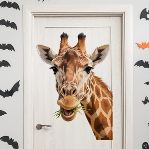 Realistic giraffe head door sticker on white wooden door with Halloween background decor