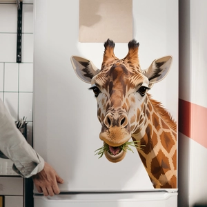 Realistic giraffe wall sticker on white refrigerator for creative kitchen home decor