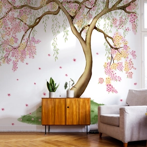 Stickers muraux arbre fleuri rose pour décoration de salon et chambre à coucher