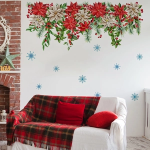 Christmas floral wall sticker set with red poinsettia garland and blue snowflakes