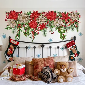 Christmas Poinsettia Holly Berry Pine Needle Snowflake Wall Stickers For Home Decor Festive Removable Self Adhesive PVC Wall Decals