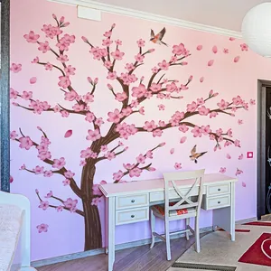 Autocollant mural grand cerisier rose avec oiseaux pour décoration de chambre